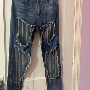 Denim rhinestone fringe cut out skinny jeans| Color: medium wash